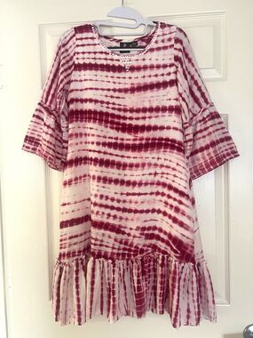 Garb Womens Size L Midi Dress Magenta White Tie Dye Embellished Boho Peasant